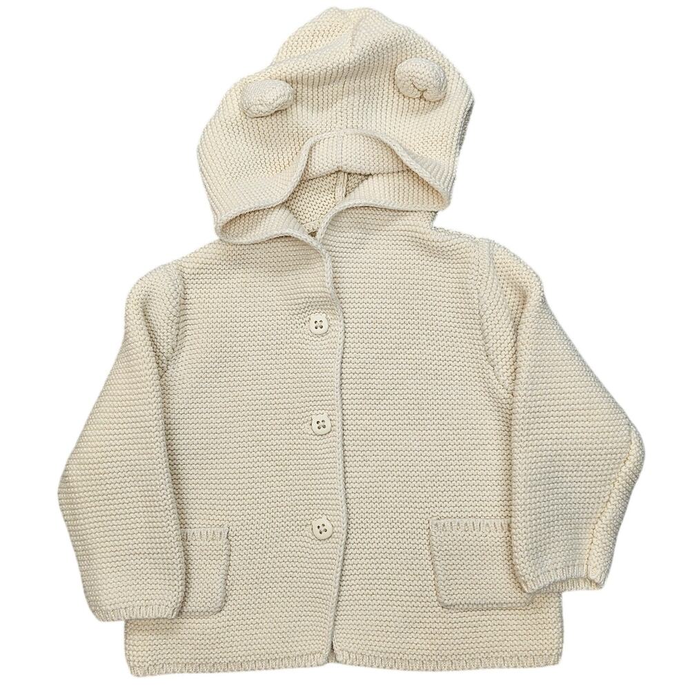 BABY GAP BEAR EARS HOODED GARTER‑KNIT CARDIGAN SWEATER – 6–12 MONTHS – CREAM